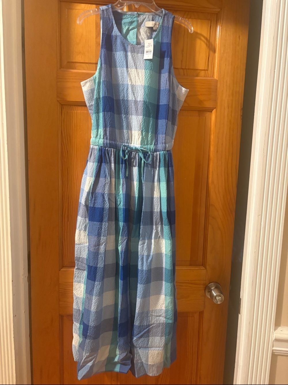 LOFT Blue and White Plaid Sleeveless Women’s Seersucker  Dress